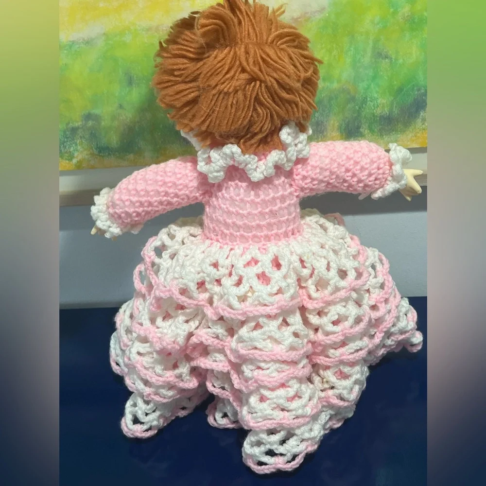 Ice Cream Doll 15” Red Yarn Hair Pink Crochet Ruffle Dress Plastic Vintage 80s
